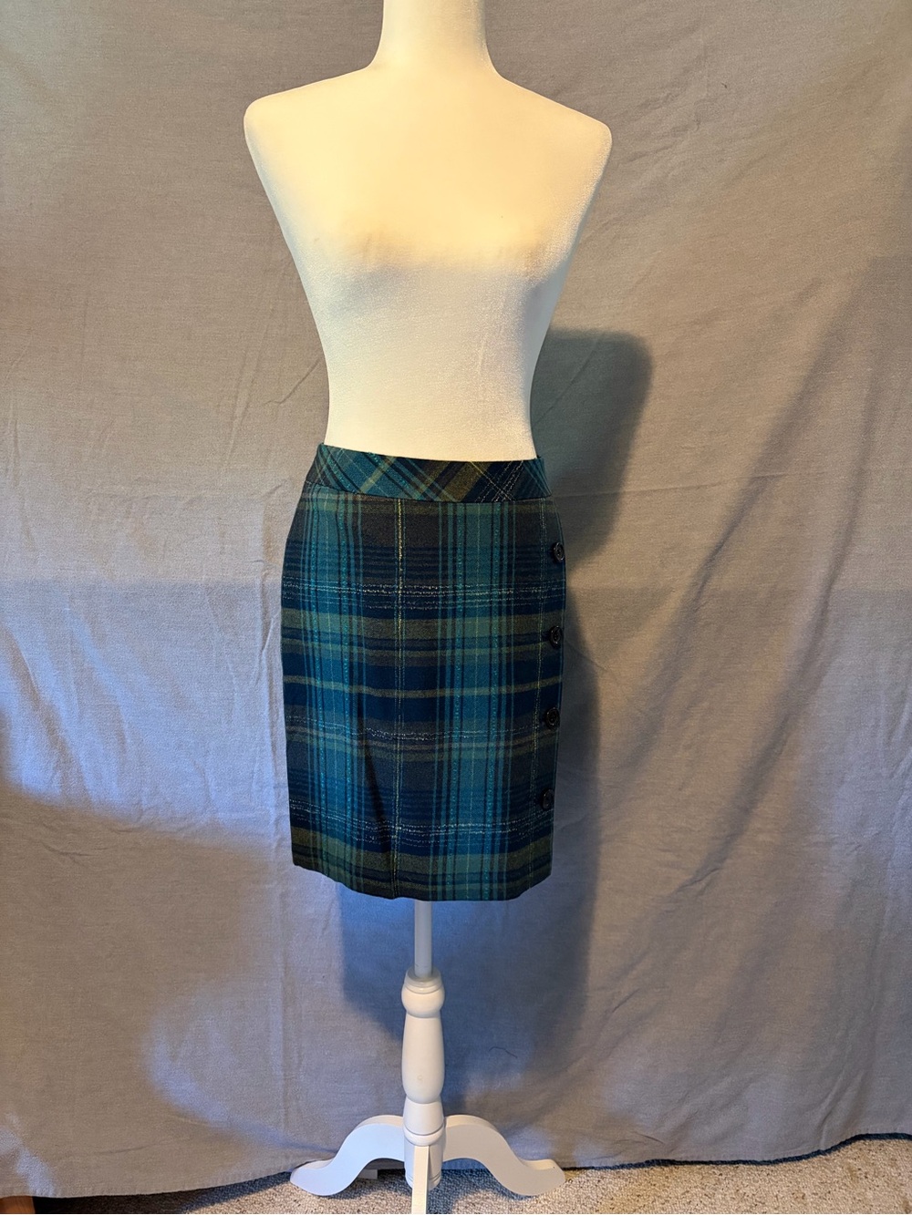 J. Jill Teal and Navy Plaid Wool Pencil Skirt